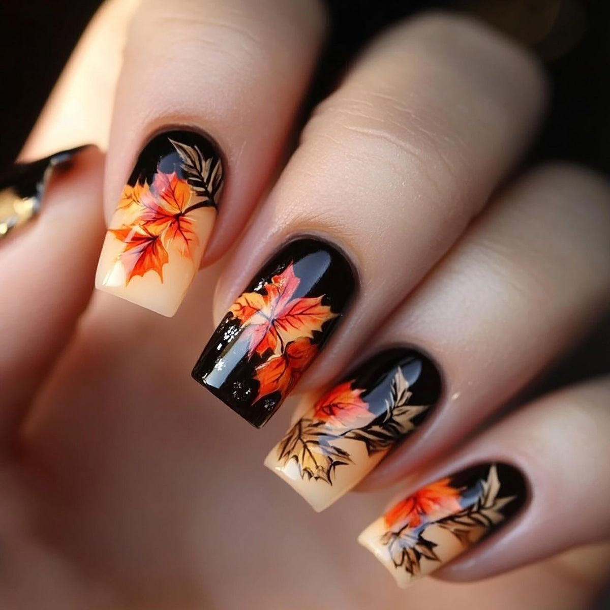 24pcs/Set Black & Orange Maple Leaves Press-On Nails