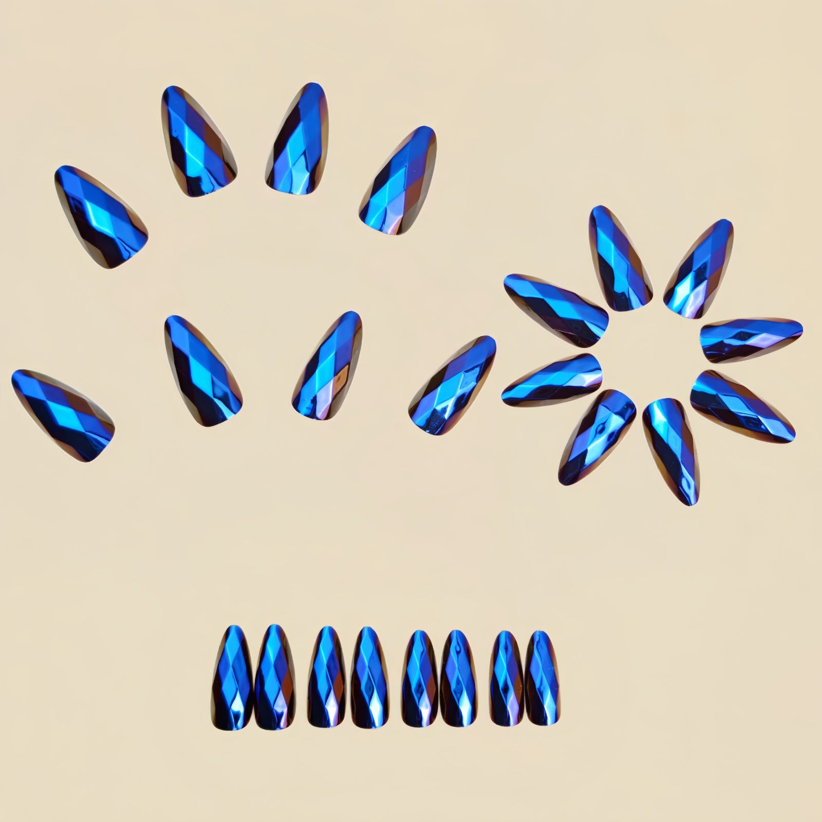 24pcs/Set Blue 3D Faceted Chrome Press-On Nails