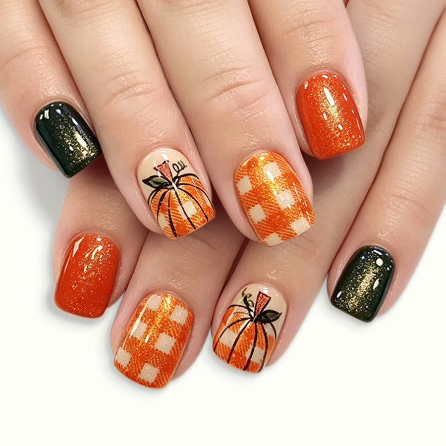 24pcs/Set Orange Brown Plaid Pumpkins Press On Nails