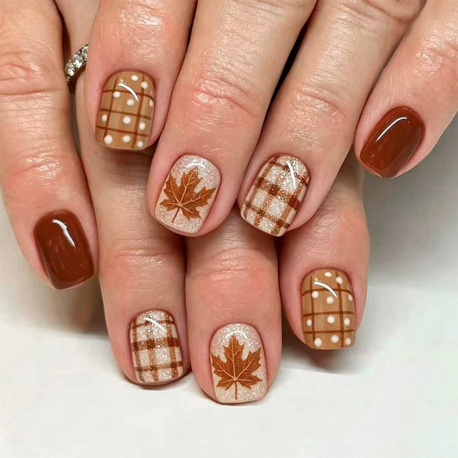 24pcs/Set Brown Plaid Lines & Polka Dot Maple Leaves Press On Nails