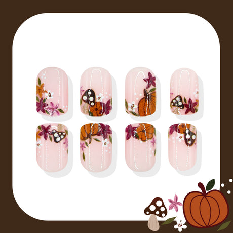24pcs/Set Maple Leaf, Floral & Mushroom Press On Nails