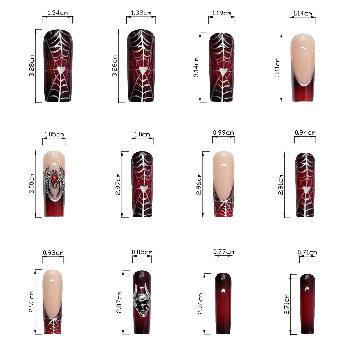 24pcs/Set Burgundy French Tips with 3D Spider Press On Nails