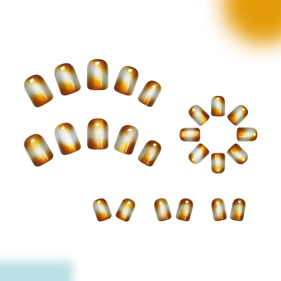24pcs/Set Amber & Light Blue Ombre Cat-Eye Press On Nails