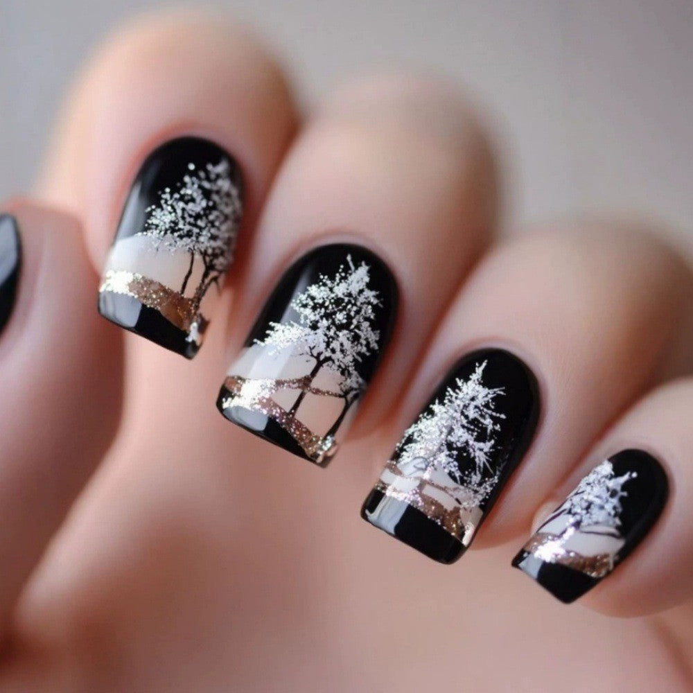 24pcs/Set Snowfall & Bare Trees Press-On Nails
