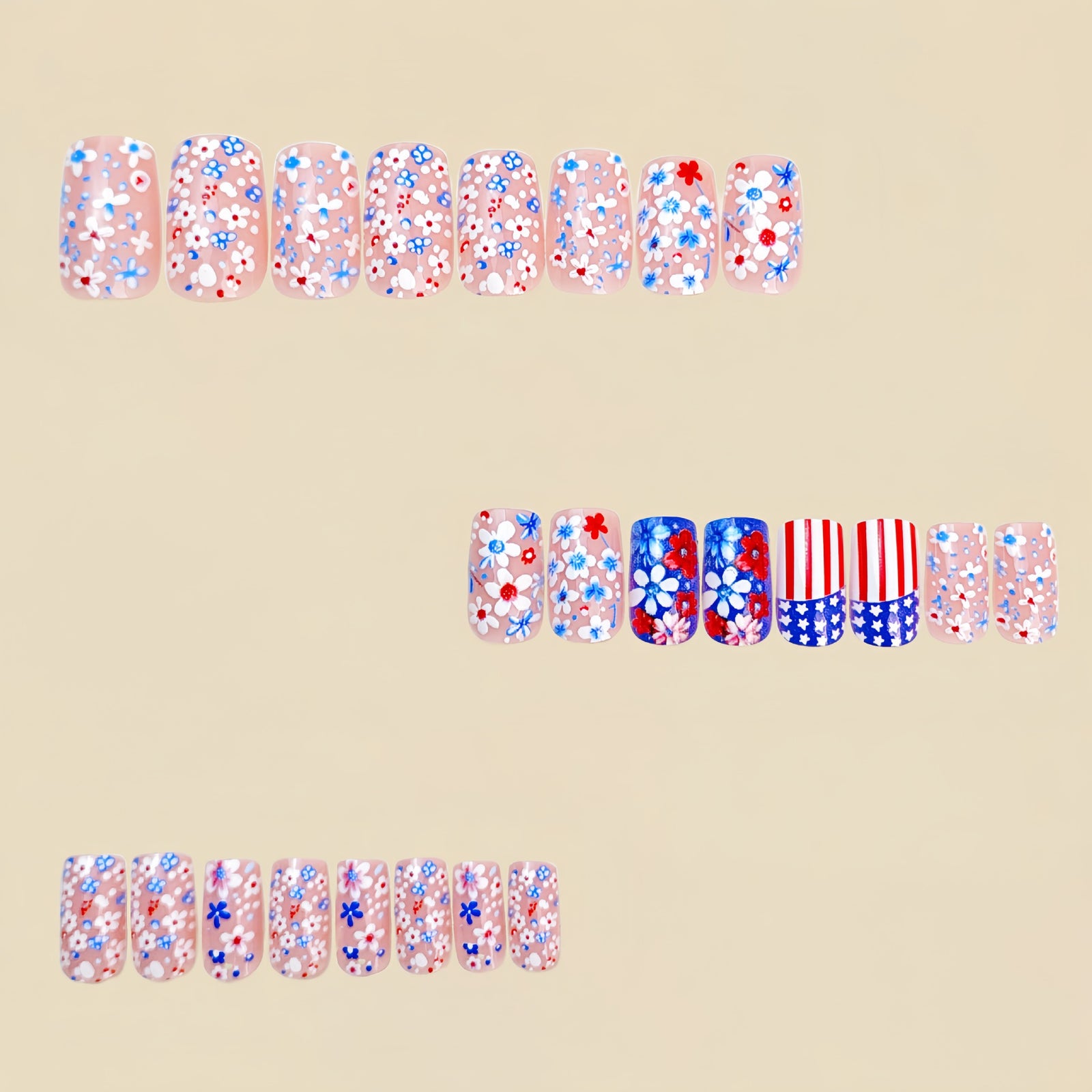 24pcs/Set Blue Floral Stripes & Stars Press-On Nails