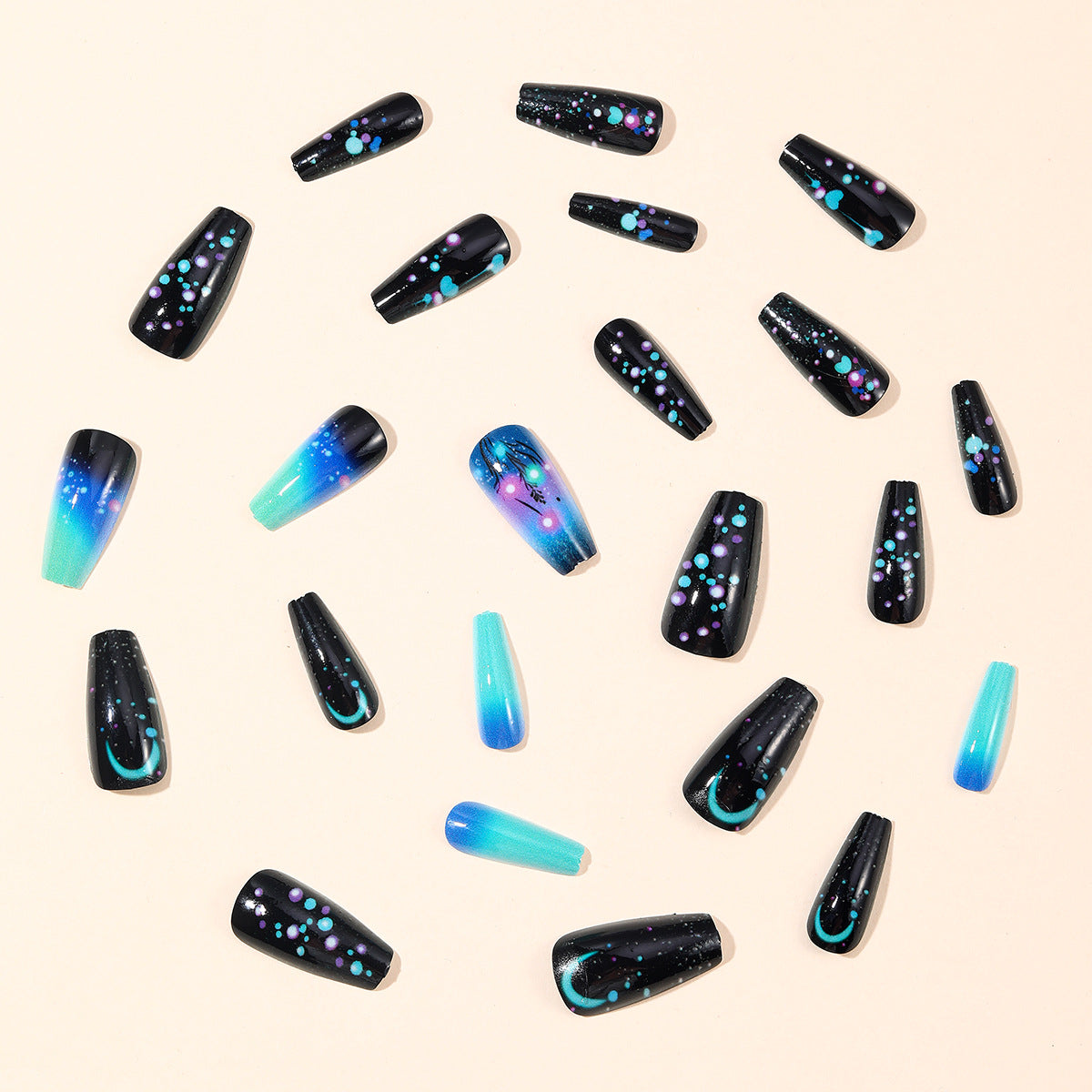 24pcs/Set Black & Blue Galaxy Ombre Press On Nails