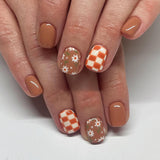 24pcs/Set Brown Checkerboard Floral Press-On Nails
