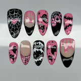 24pcs/Set Pink & Black Mismatched Ghost Bat Spider Web Press On Nails