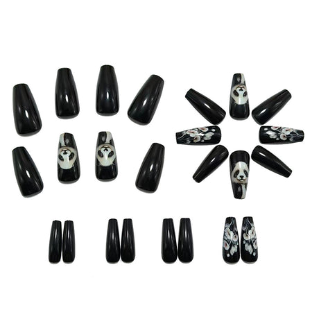 24pcs/Set Black Panda & Floral Press-On Nails