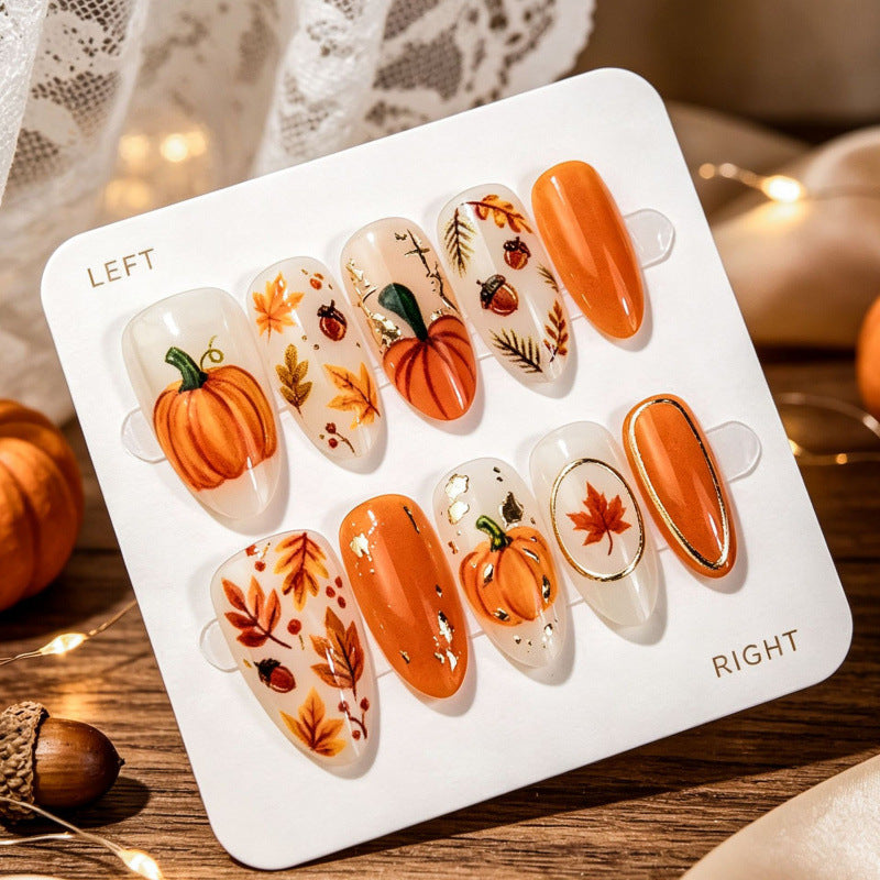 30pcs/Set Gold Foil Pumpkin Press On Nails