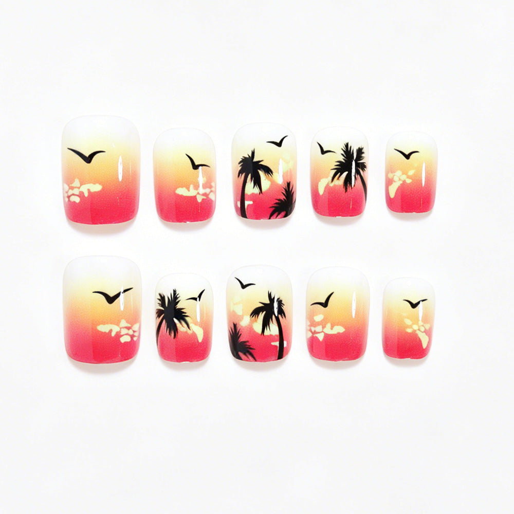 24pcs/Set Beach Sunset with Palm Trees & Seagulls Press-On Nails