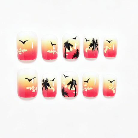 24pcs/Set Beach Sunset with Palm Trees & Seagulls Press-On Nails