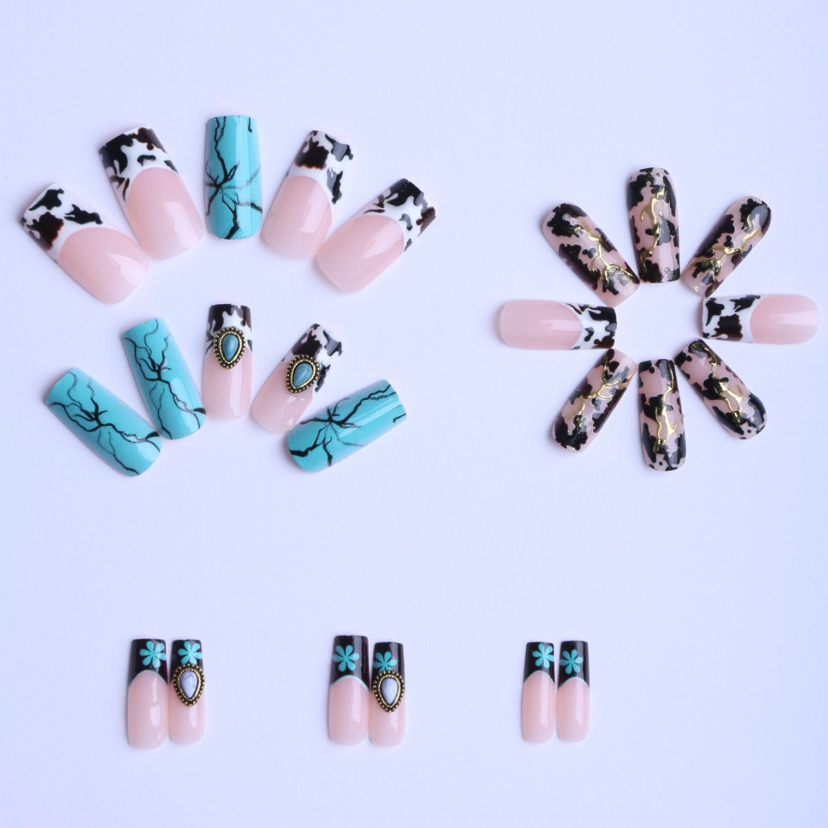 24pcs/Set Teal Striped Ink Wash Press-On Nails
