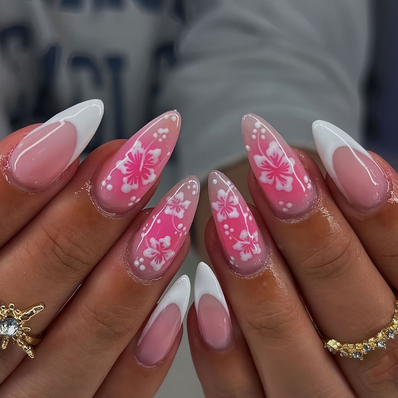 24pcs/Set Pink Gradient Floral French Press-On Nails
