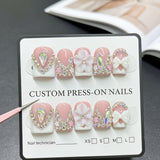 (Handmade) 10pcs/Set White 3D Carved Floral French Press-On Nails