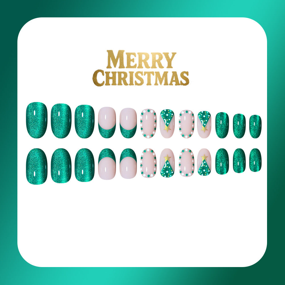 24pcs/Set Green Cat Eye Christmas Tree French Press-On Nails