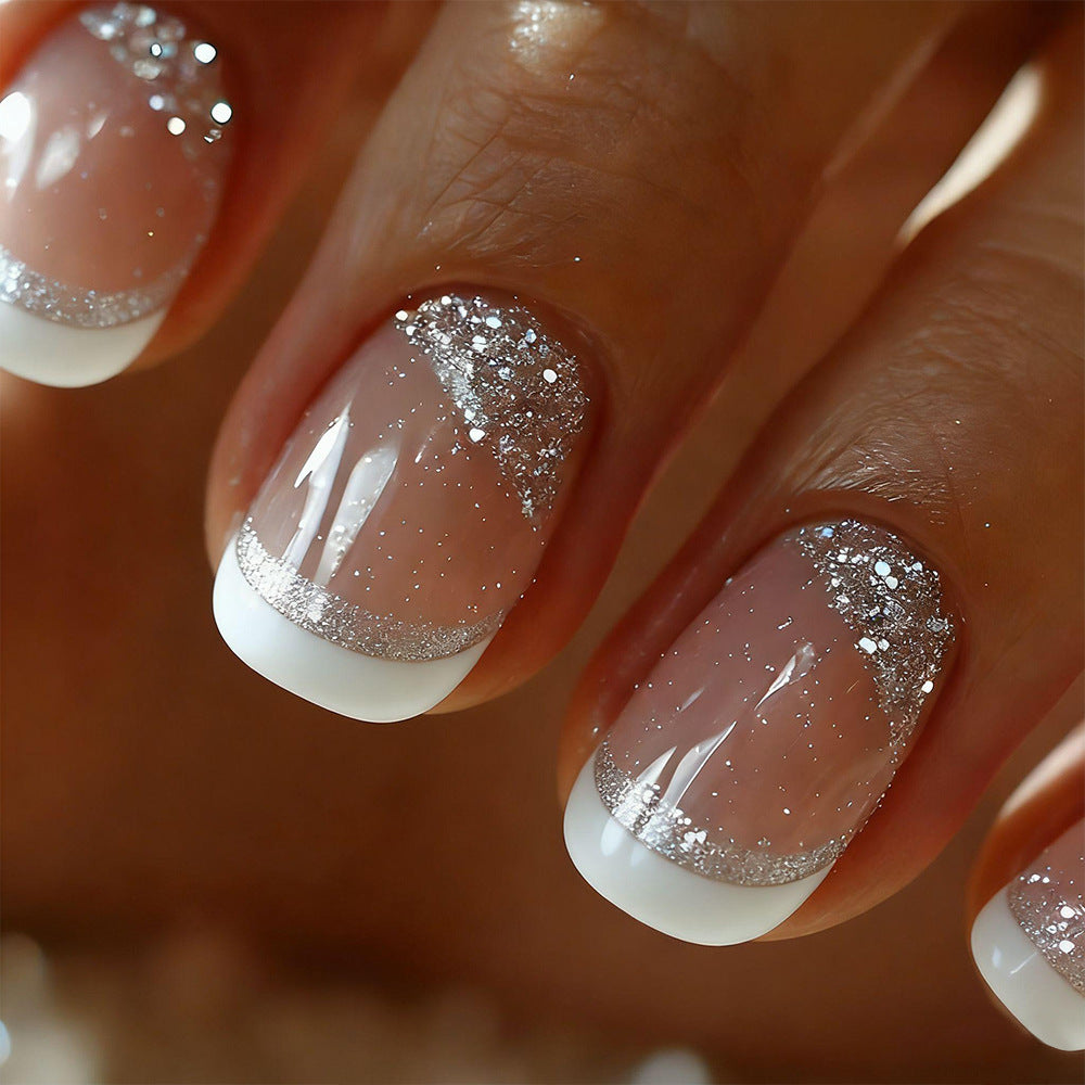 24pcs/Set Silver Glitter French Tip Press-On Nails