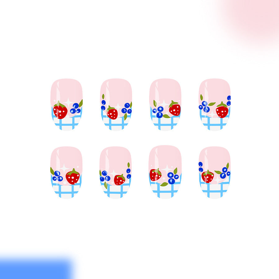24pcs/Set Blue & White French Plaid Strawberry Press-On Nails