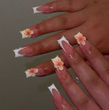 (Handmade) 10pcs/Set Nude Pink French Tip 3D Floral Press-On Nails