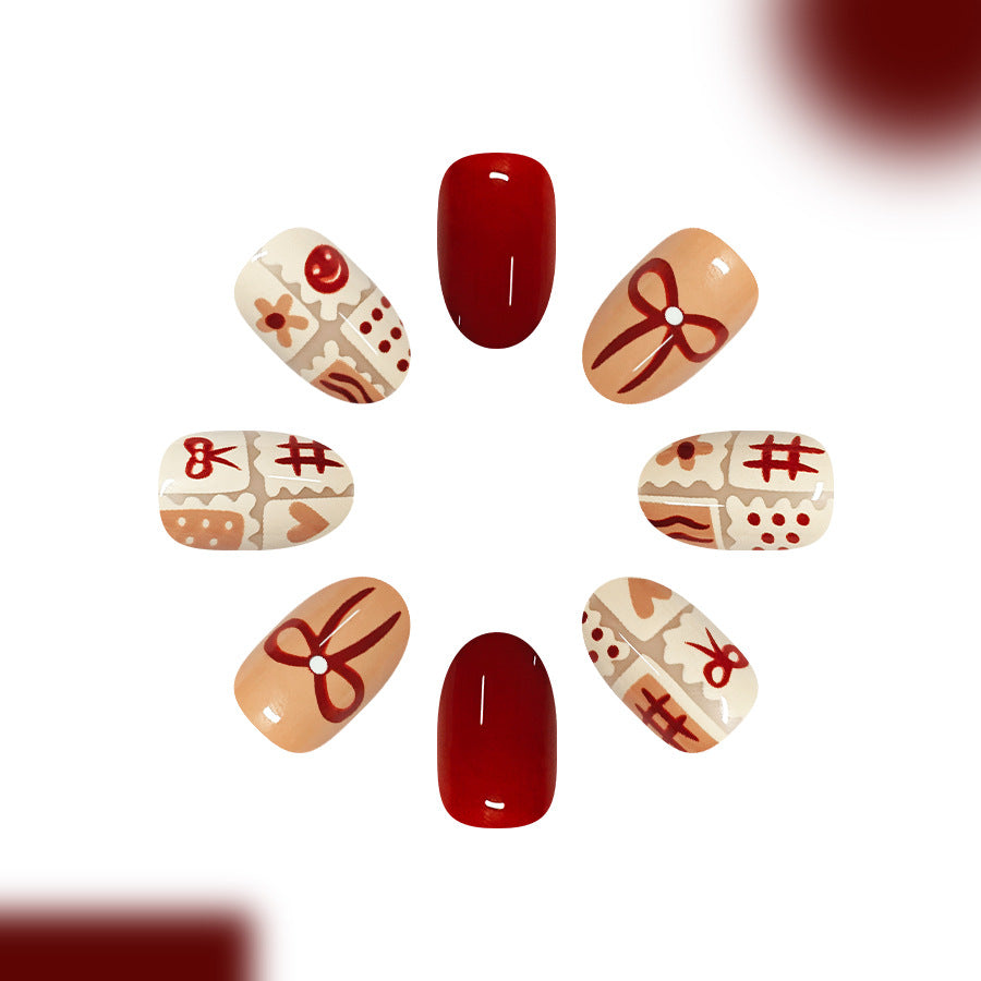 24pcs/Set Bow & Brown Coffee Line Art Press On Nails