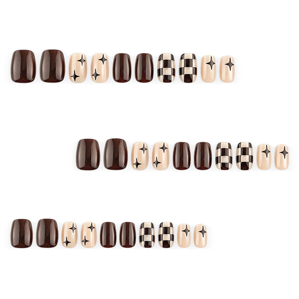 24pcs/Set Brown Checkerboard Cat Eye Press-On Nails