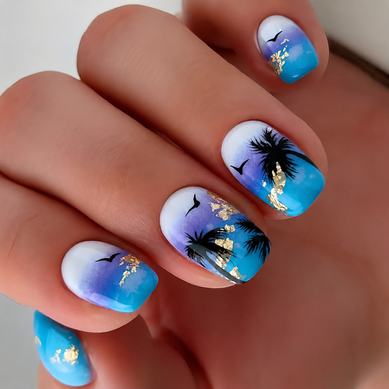 24pcs/Set Ombre Gold Foil Palm Tree Press On Nails