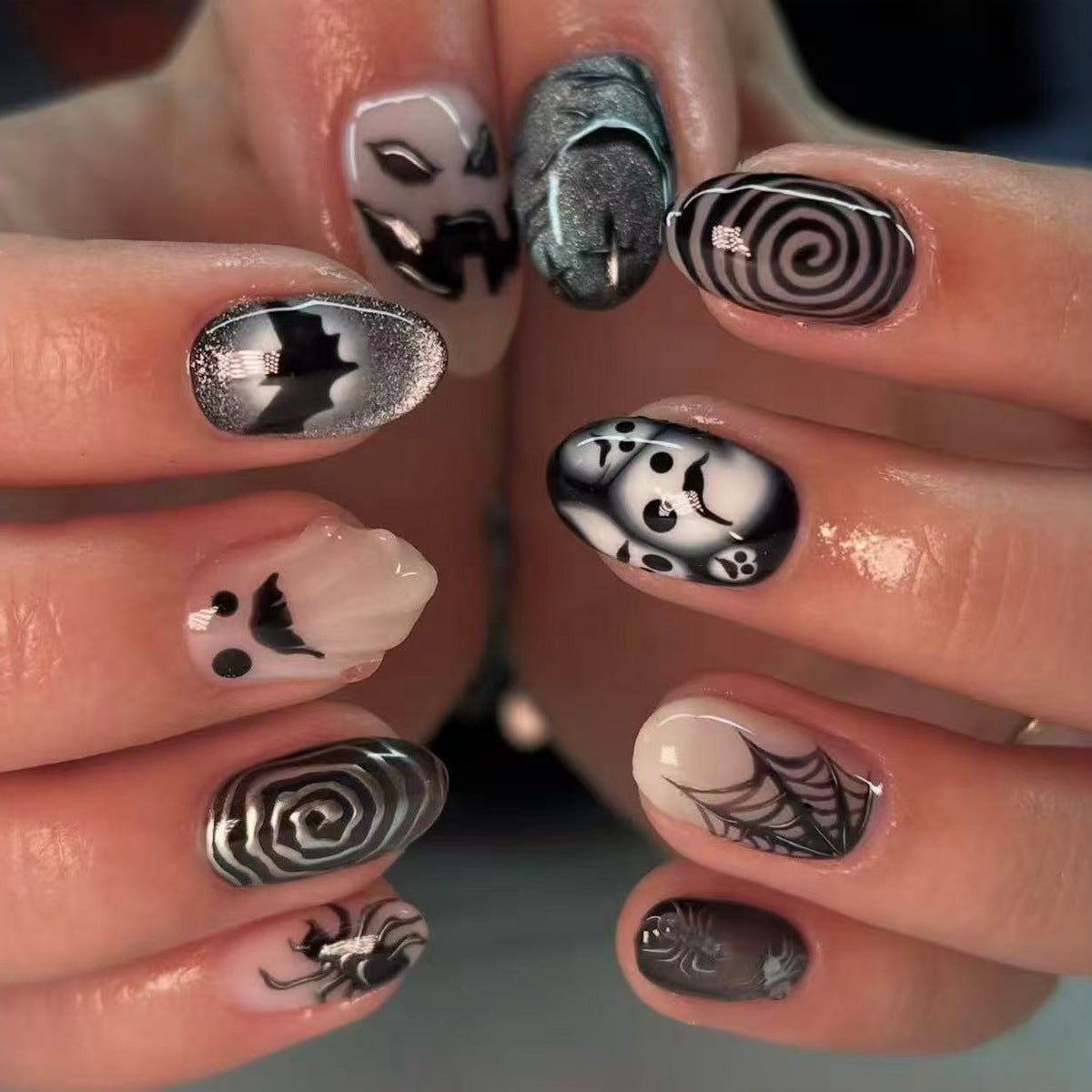 24pcs/Set Black Cat Eye Ghost & Bat Press On Nails
