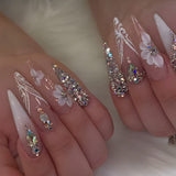 24pcs/Set 3D Floral Colorful Rhinestones Press On Nails