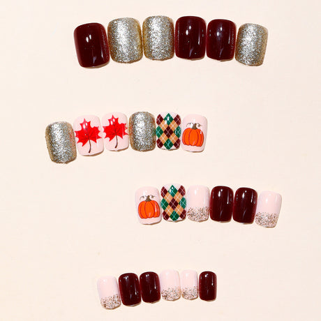 24pcs/Set Fall Red Glitter Maple Leaves Press On Nails