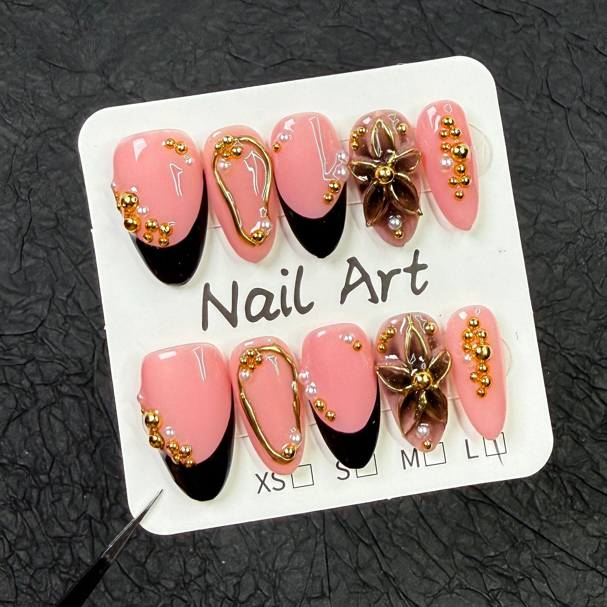 (Handmade) 10pcs/Set Gold Foil French Tips with 3D Flowers Press-On Nails