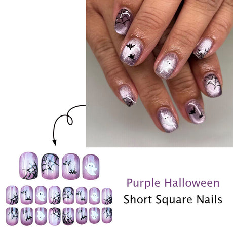 24pcs/Set Cat Eye Purple Spider Web & Bat Press On Nails