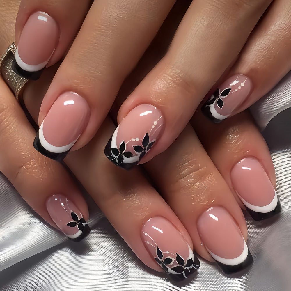 24pcs/Set Black & White French Tips with Black Floral Press-On Nails