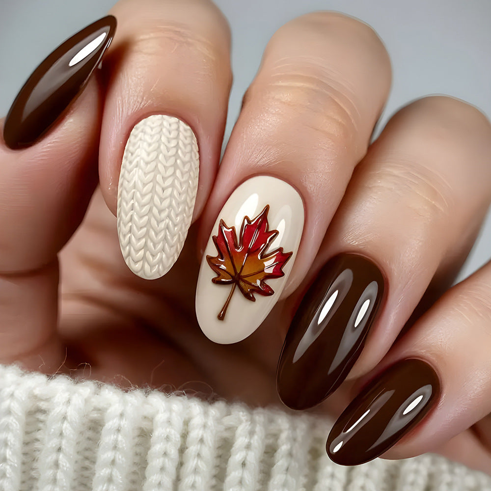 24pcs/Set Dark Brown Maple Leaves & Knit Press-On Nails