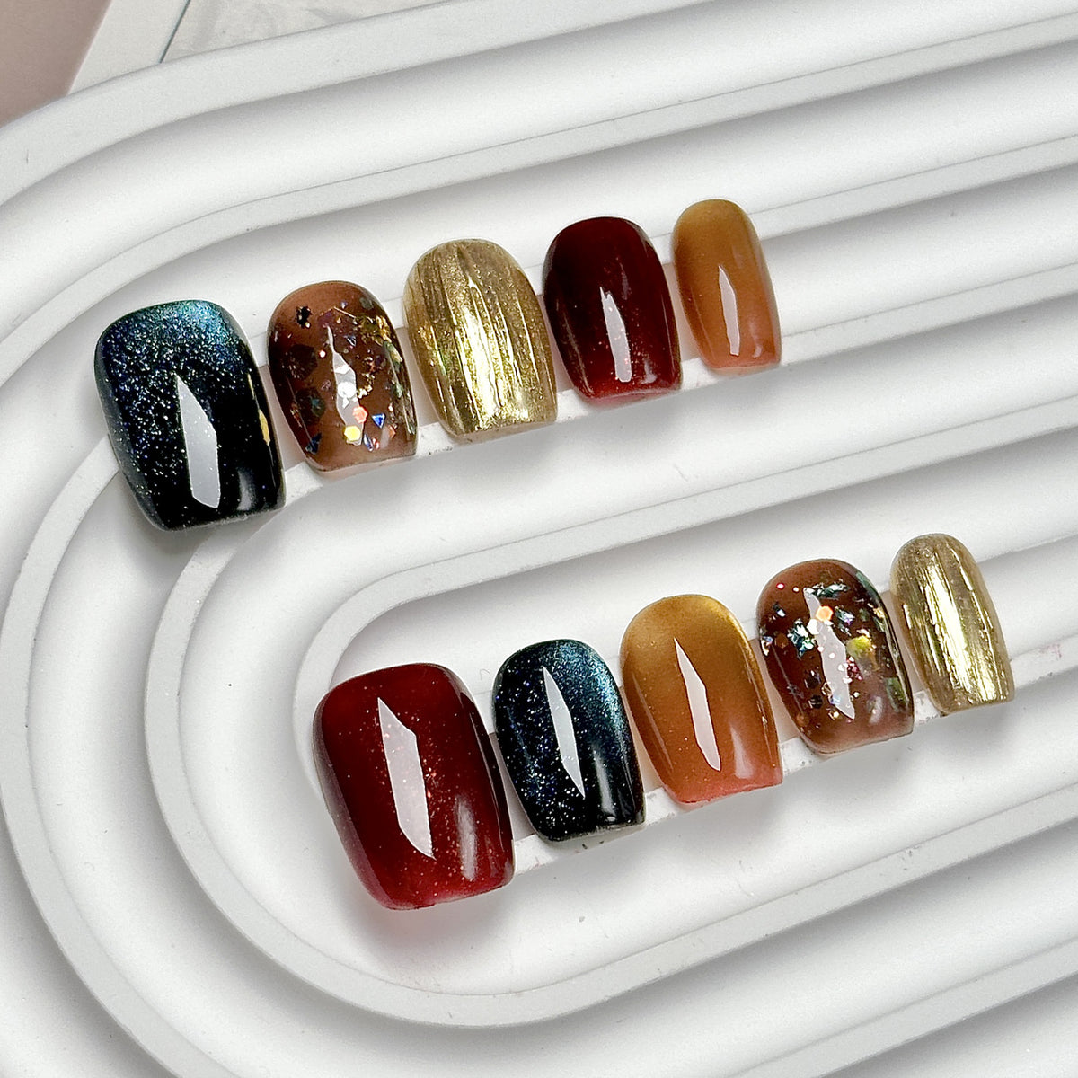(Handmade) 10pcs/Set Autumn Multicolor Cat Eye Glitter Press-On Nails