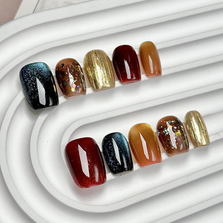 (Handmade) 10pcs/Set Autumn Multicolor Cat Eye Glitter Press-On Nails