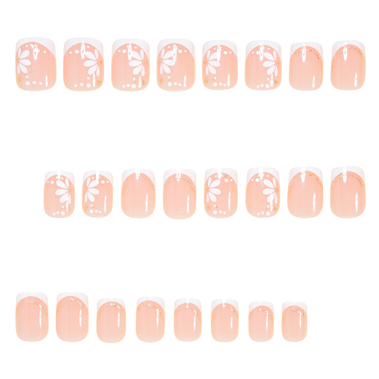 24pcs/Set White French Tip with White Flowers Press On Nails