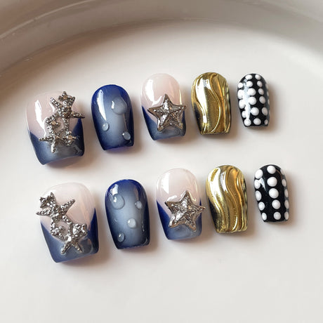 (Handmade) 10pcs/Set Blue 3D Star French Press-On Nails
