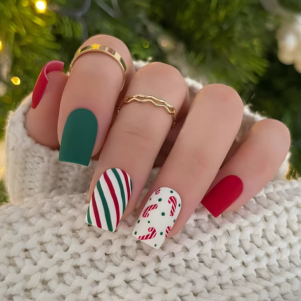 24pcs/Set Colorful Stripes & Candy Canes Press-On Nails