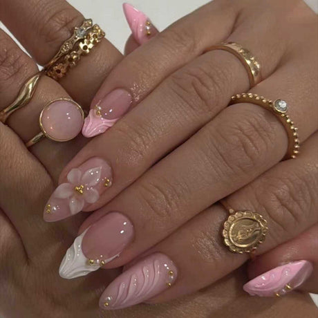 24pcs/Set French Tip 3D Floral Press-On Nails