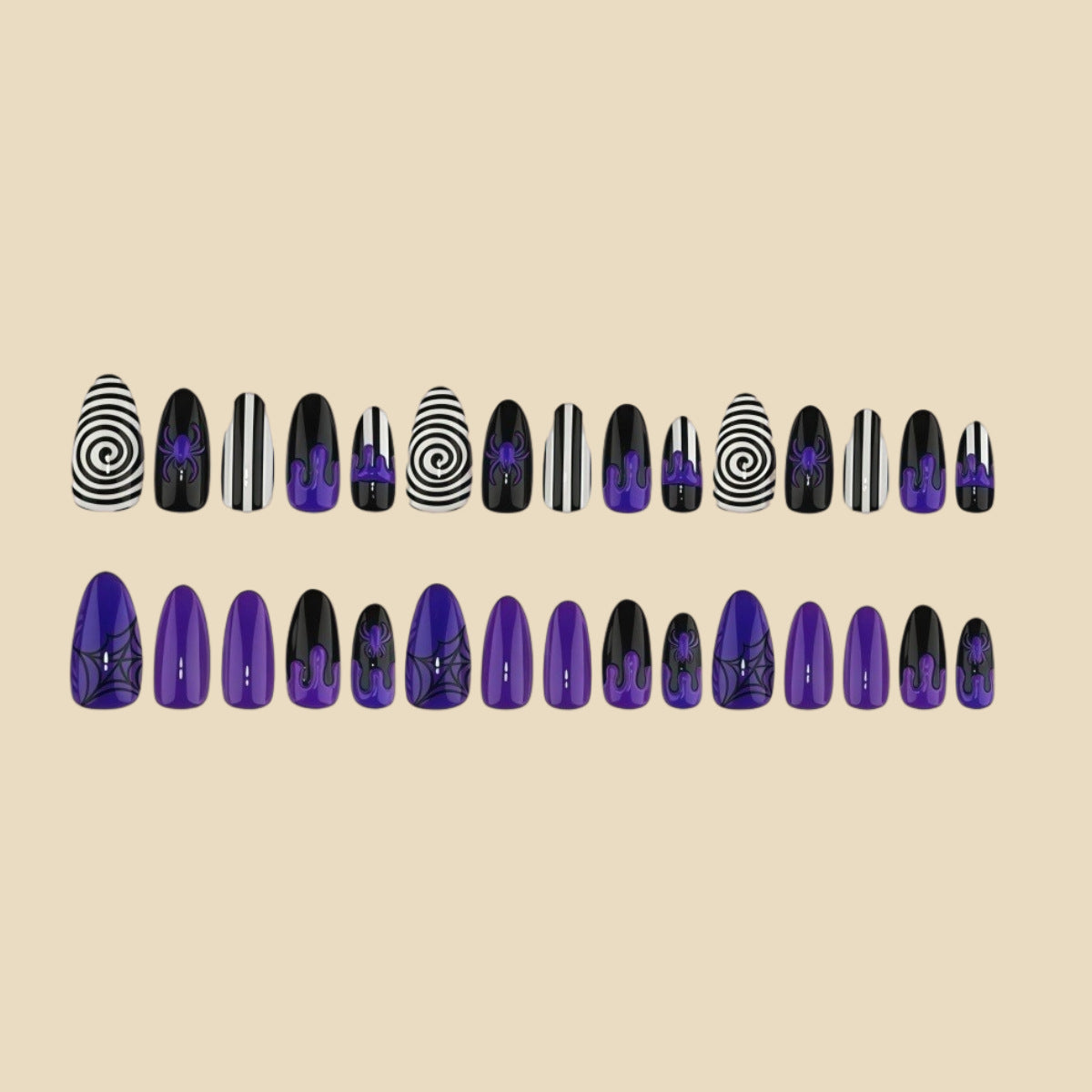 30pcs/Set Black & White Striped Spider Press On Nails