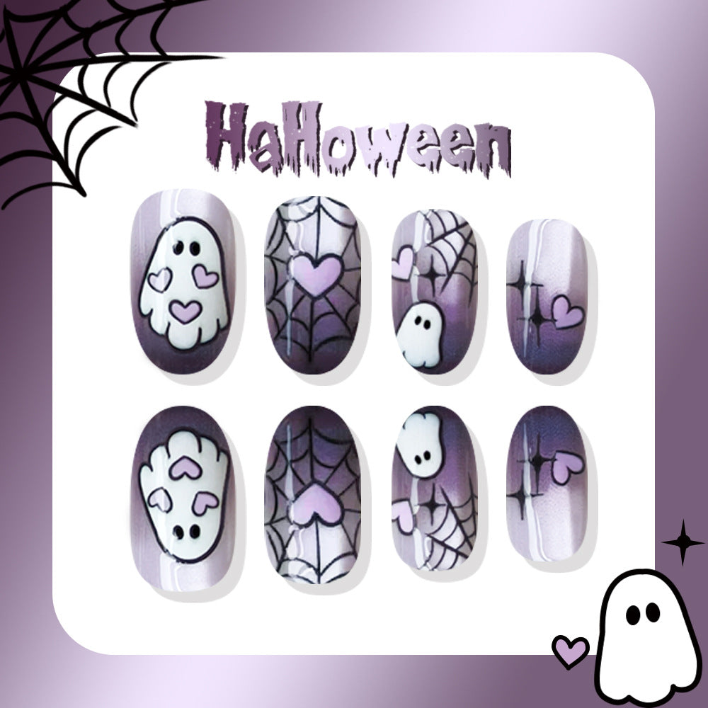 24pcs/Set Purple Ombre Spiderweb Ghost Press On Nails