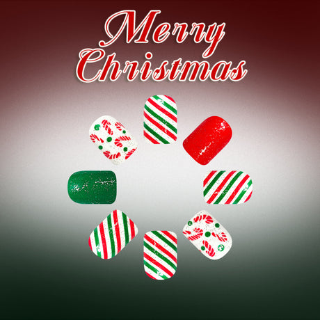24pcs/Set Red, Green & White Striped Snowflake Christmas Trees Press On Nails