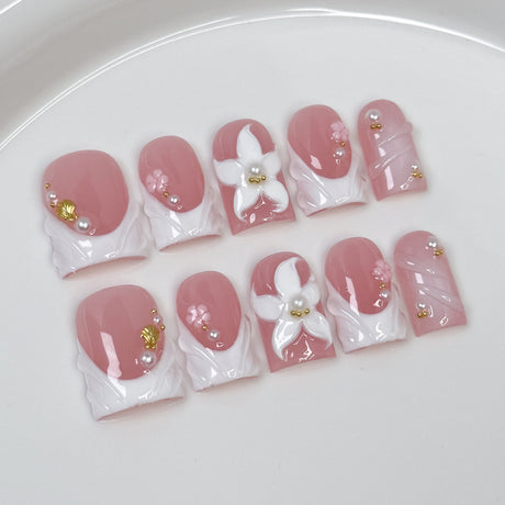 (Handmade) 10pcs/Set Pink 3D Sculpted Floral Press-On Nails