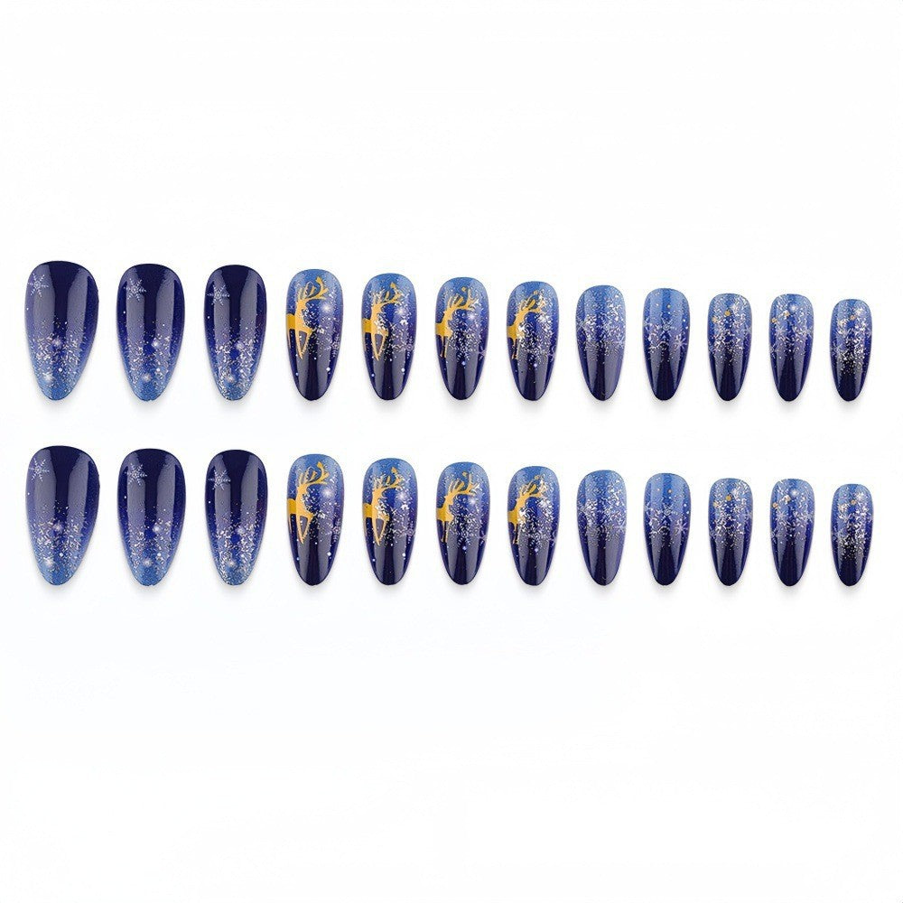24pcs/Set Blue & Black Ombre Reindeer Press On Nails