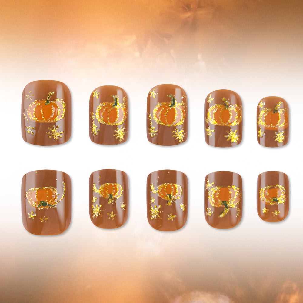 24pcs/Set Caramel Brown & Gold Pumpkin Press On Nails
