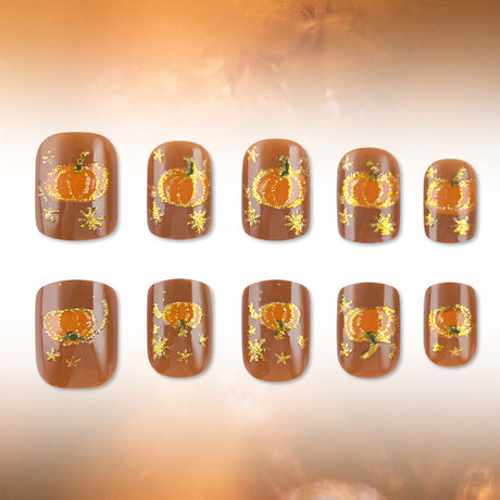24pcs/Set Caramel Brown & Gold Pumpkin Press On Nails