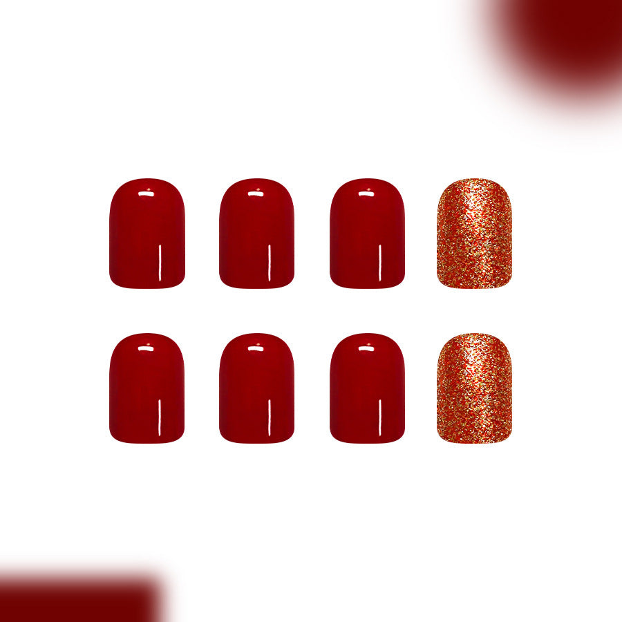24pcs/Set Burgundy Color-Block with Gold Glitter Press On Nails