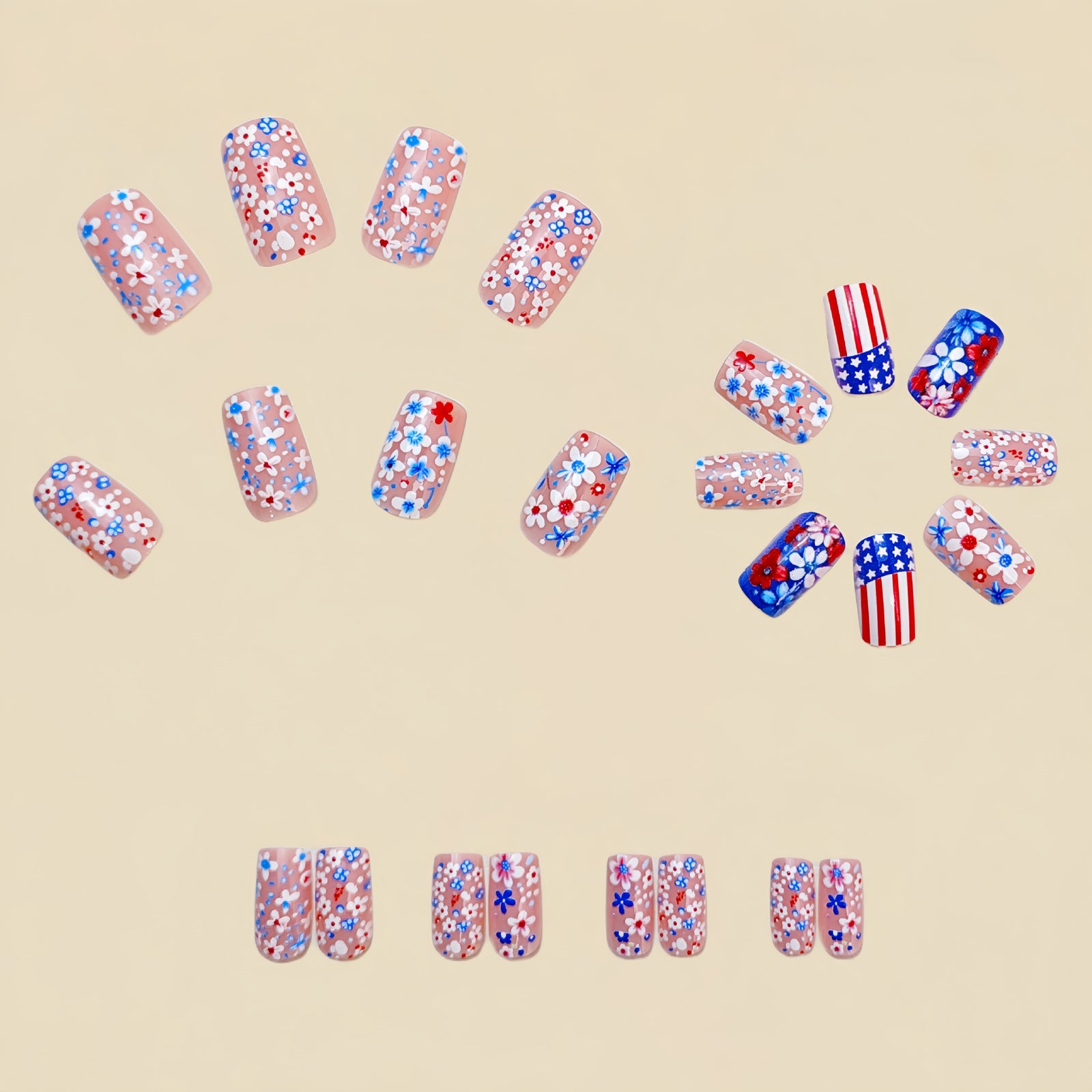 24pcs/Set Blue Floral Stripes & Stars Press-On Nails