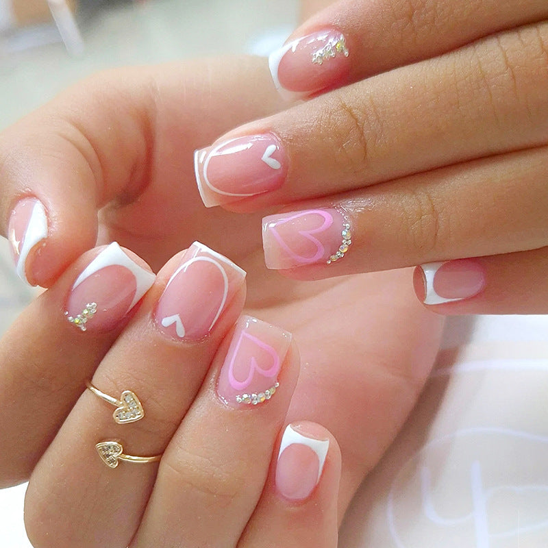 24pcs/Set Pink Line Heart Short Press On Nails