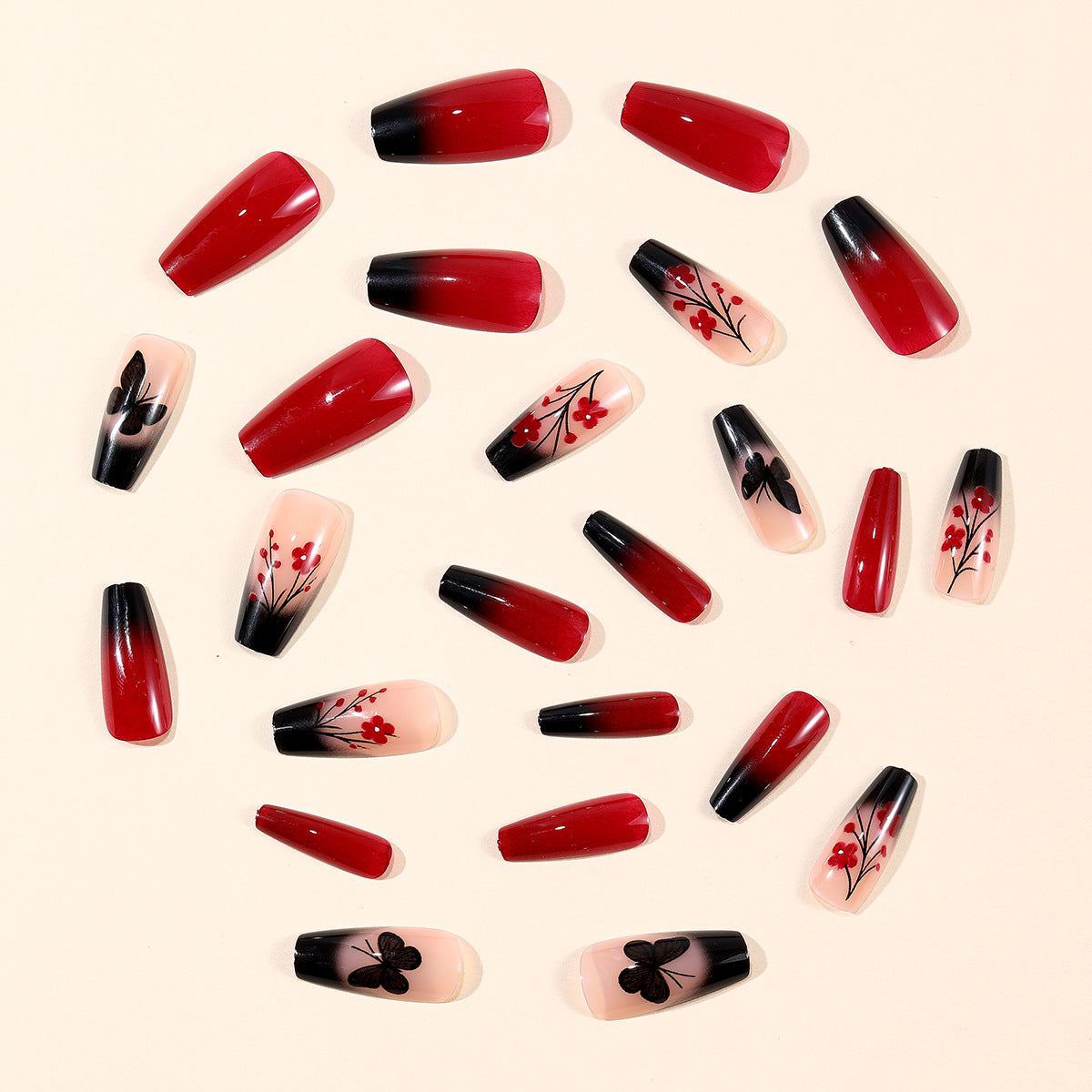 24pcs/Set Black & Red Ombre Butterfly Press On Nails
